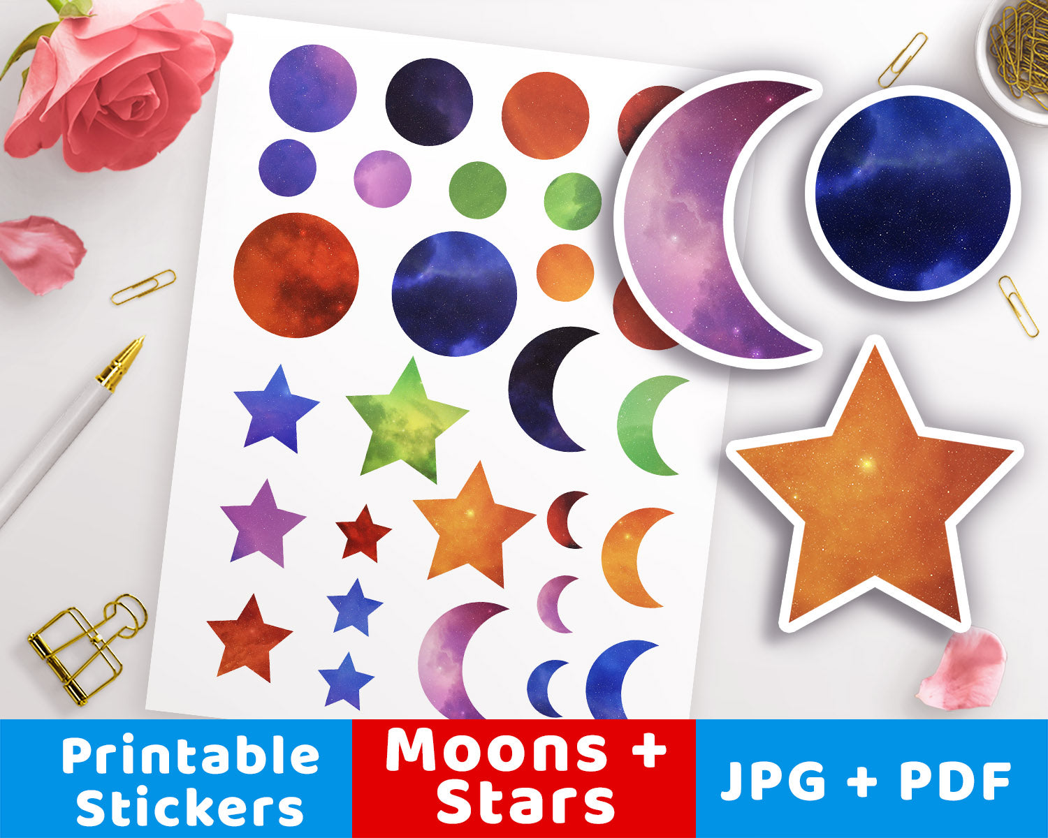 galaxy moon stars printable planner stickers the digital download shop