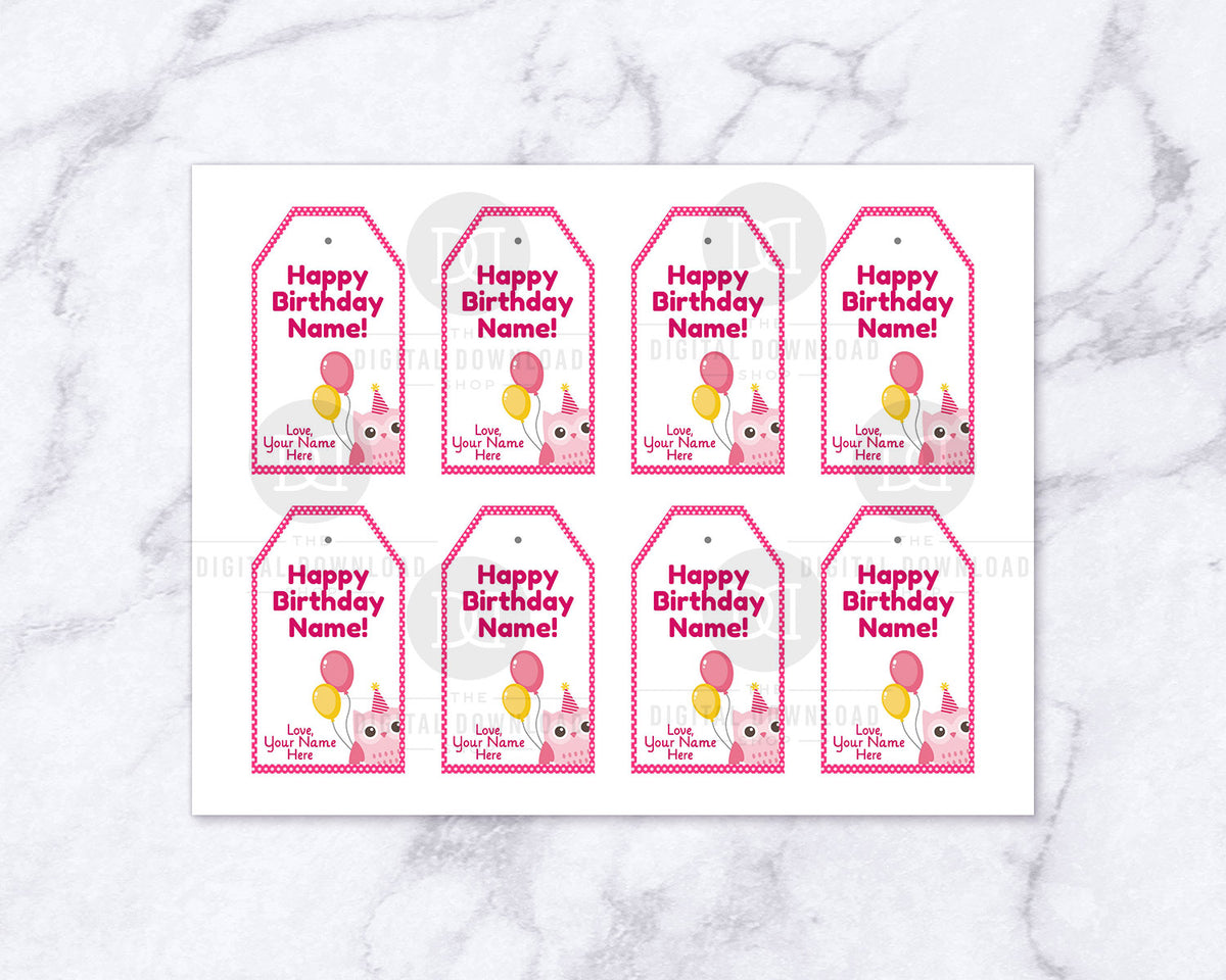 birthday gift tags editable printable pink owl the digital download shop