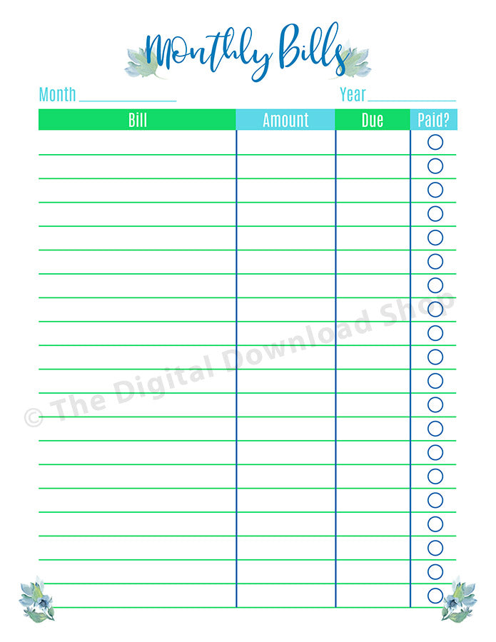 Monthly Bill Tracker Printable Floral The Digital Download Shop