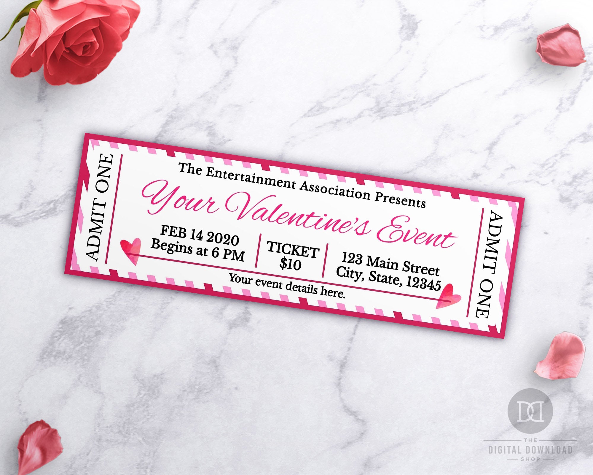 Valentine's Day Event Ticket Template Printable Hearts *EDIT ONLINE