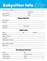 Babysitter Info Sheet Printable | The Digital Download Shop