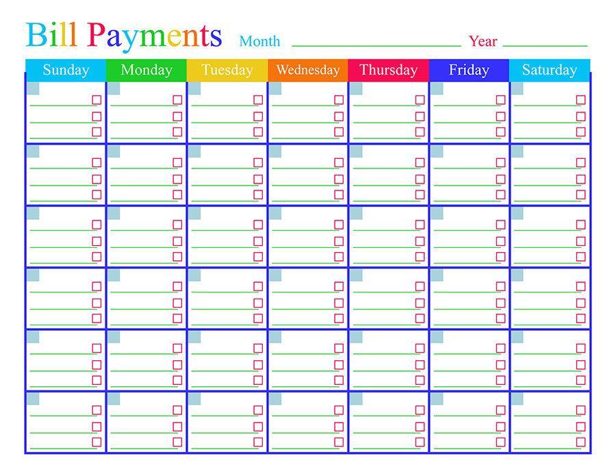 Bill Payments Calendar Printable The Digital Download Shop