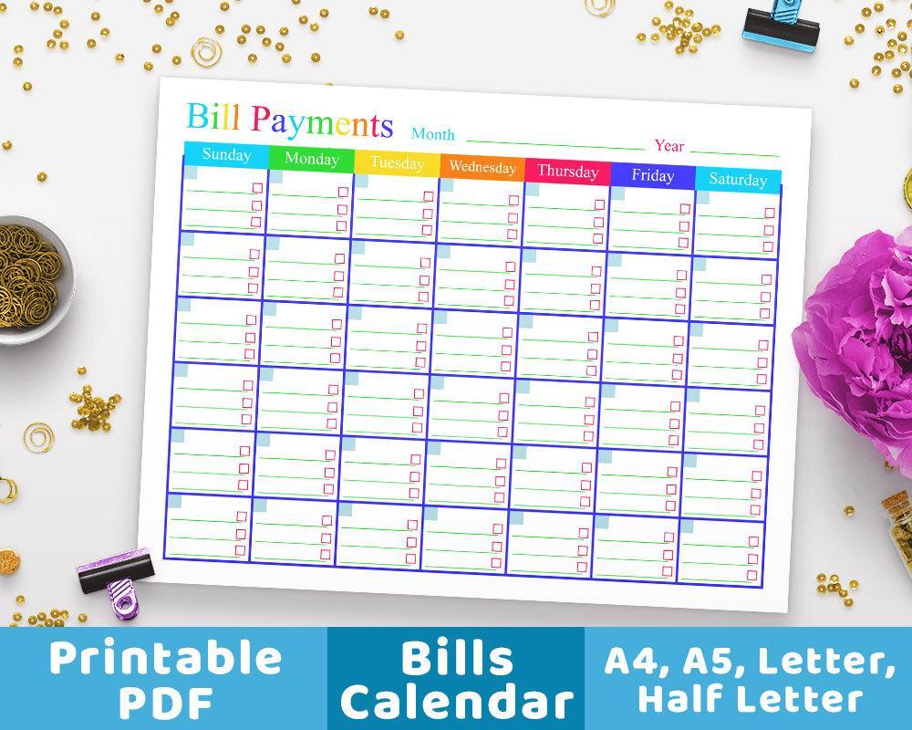 bill payments calendar printable the digital download shop