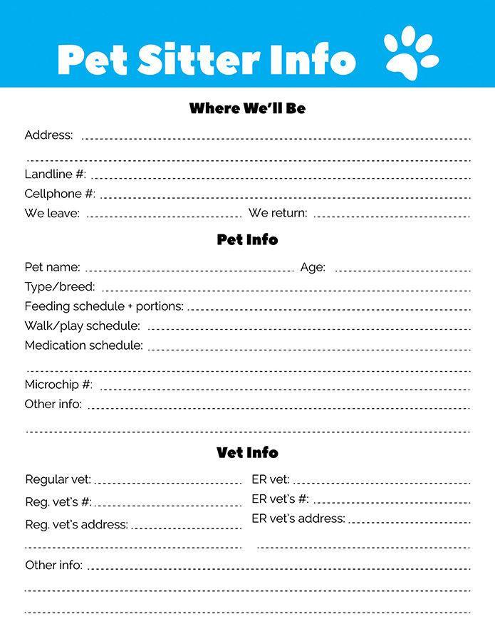 Pet Sitter Info Sheet Printable The Digital Download Shop