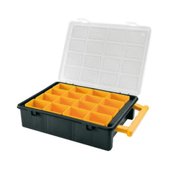 Cutie depozitare ARTPLAST plastic cu 16 seperatoare detasabile galben cu gri, capac transparent si maner rabatabil 242x188x60mm