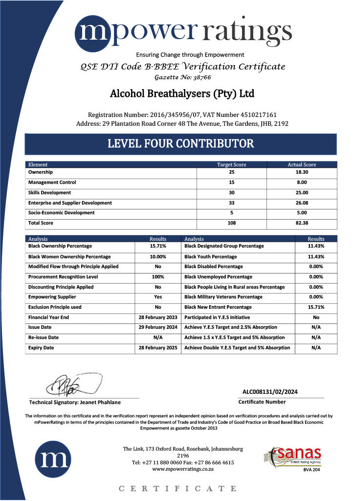 Alcohol Breathalysers (Pty) Ltd was independently verified by mPowerRatings (Pty) Ltd, a SANAS accredited BEE Verification Agency, in accordance with the Codes of Good Practice, and has been Certified as a Level Four Contributor and Recognised as an Empowering Supplier.  Scorecard: Qualifying Small Enterprise (QSE)  B-BBEE Recognition Level: 100%  Certificate Number: ALC008131/02/2024  Validity: 29 February 2024 to 28 February 2025