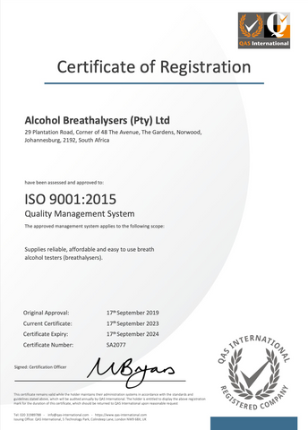 SA2077 Alcohol Breathalysers Pty Ltd ISO9001 Certificate