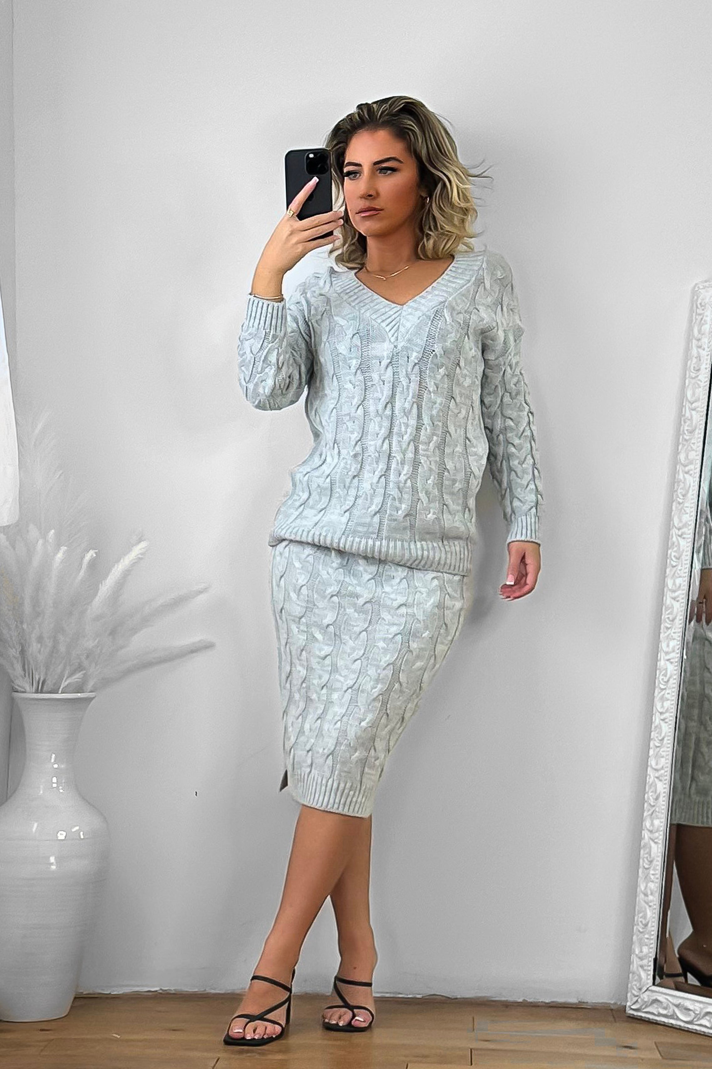 Braided Knit Skirt And Pullover Set