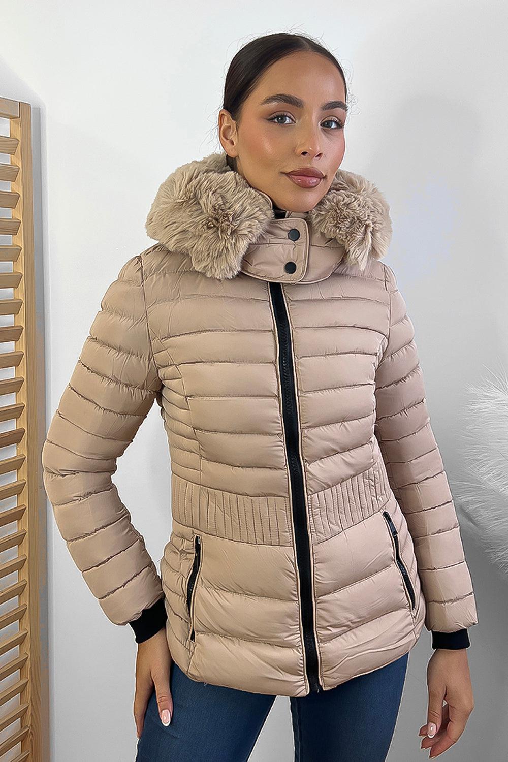 Vertical Zip Pockets Faux Fur Hooded Quilted Jacket
