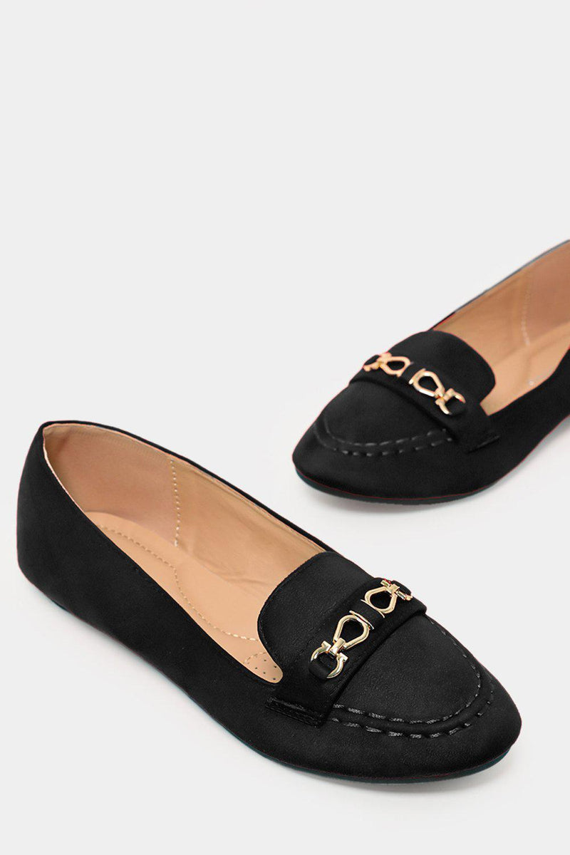 black flat shoes with gold buckle