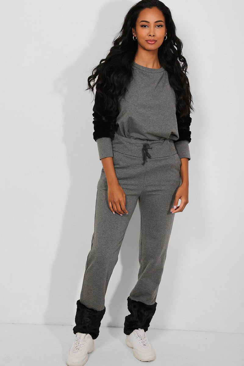 Dark Grey Faux Fur Details Tracksuit – SinglePrice