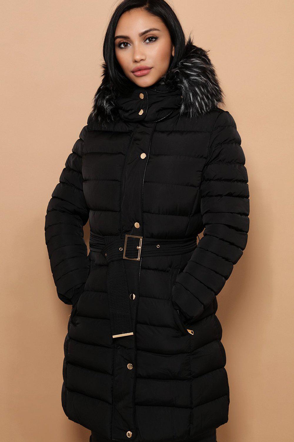 Black Self-Belt Padded Faux Fur Hood Coat – SinglePrice