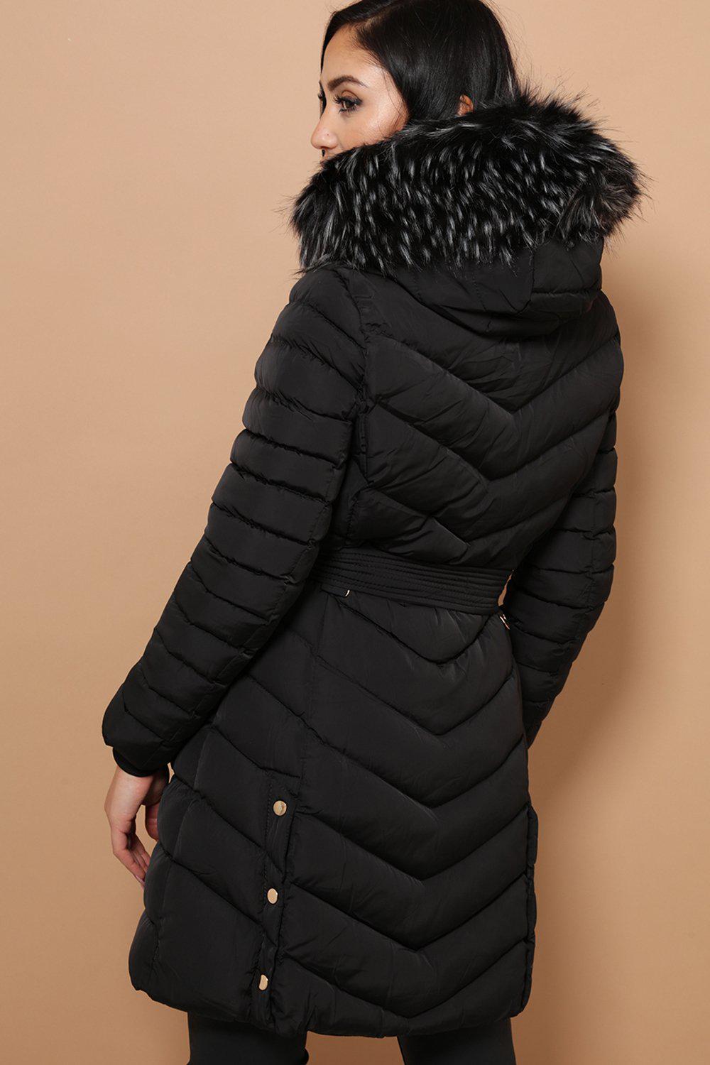 Black Self-Belt Padded Faux Fur Hood Coat – SinglePrice