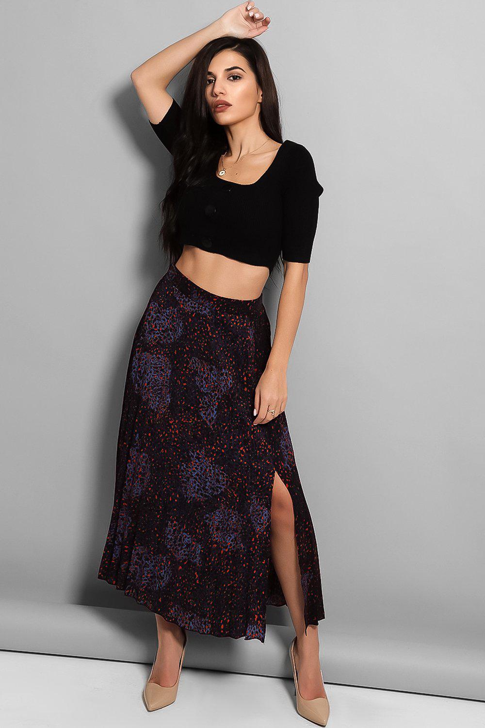 Navy Leopard Print Side Split Pleated Skirt – SinglePrice