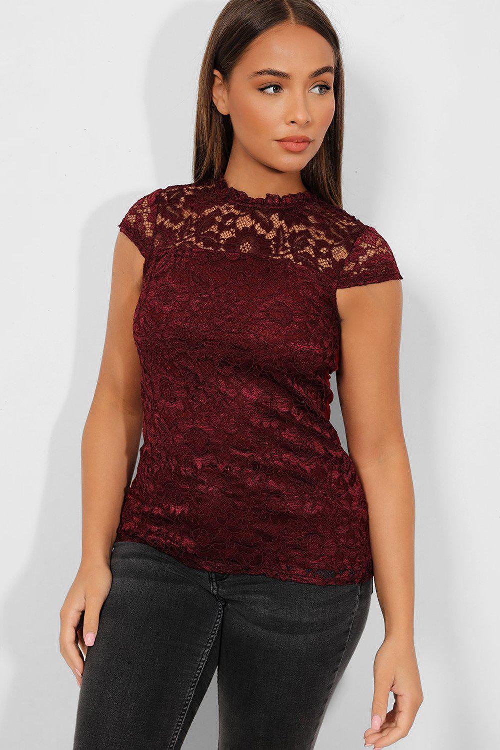 Burgundy Lace Illusion High Neck Top – SinglePrice