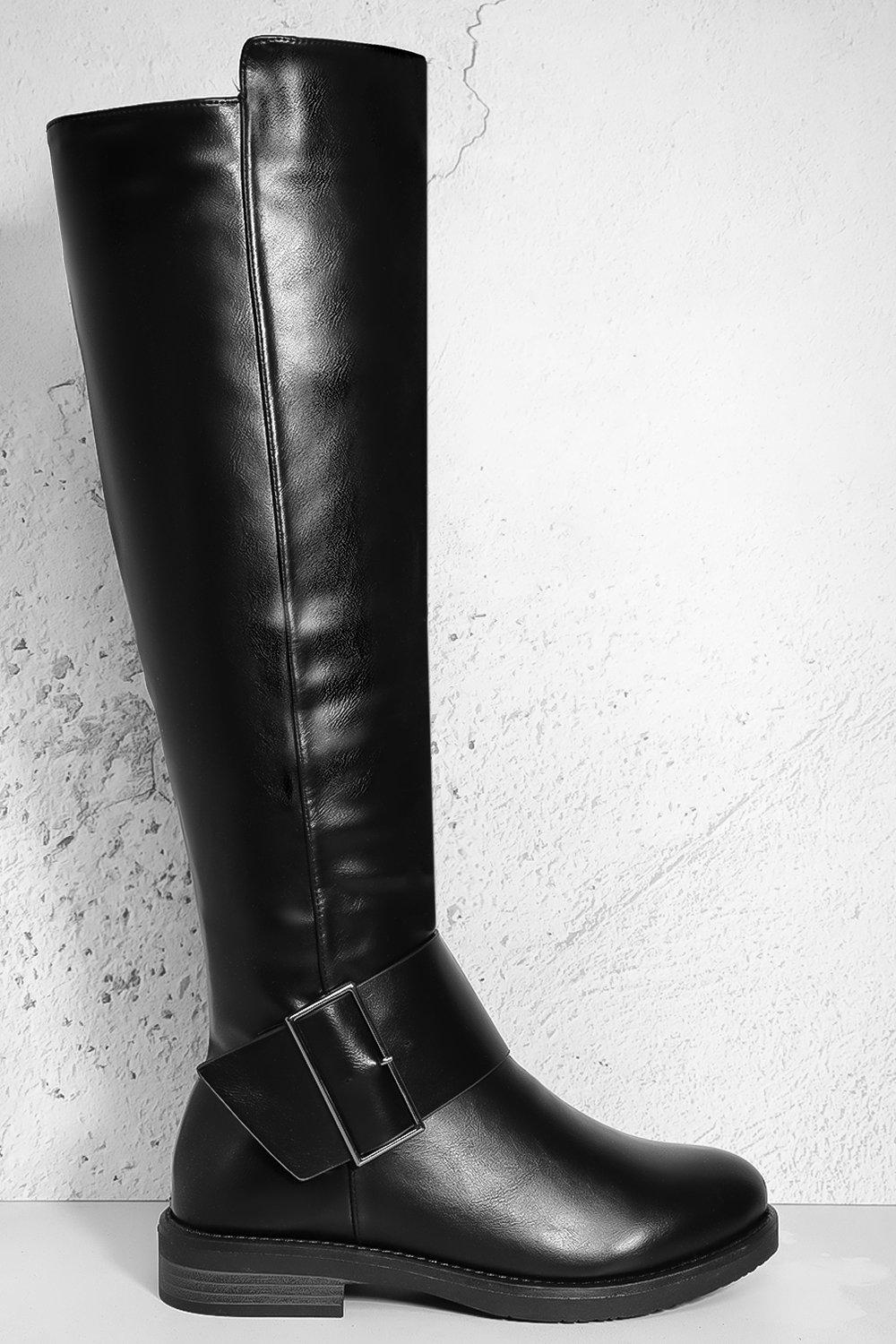 Black Vegan Leather Knee High Low heel Boots – SinglePrice