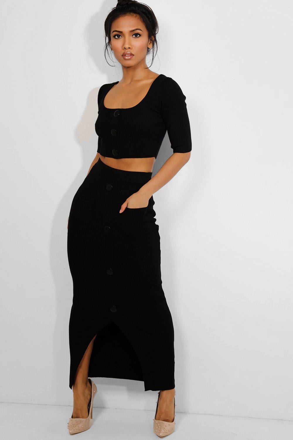 Black Rib Knit Button Details Crop Top And Maxi Skirt Set – SinglePrice