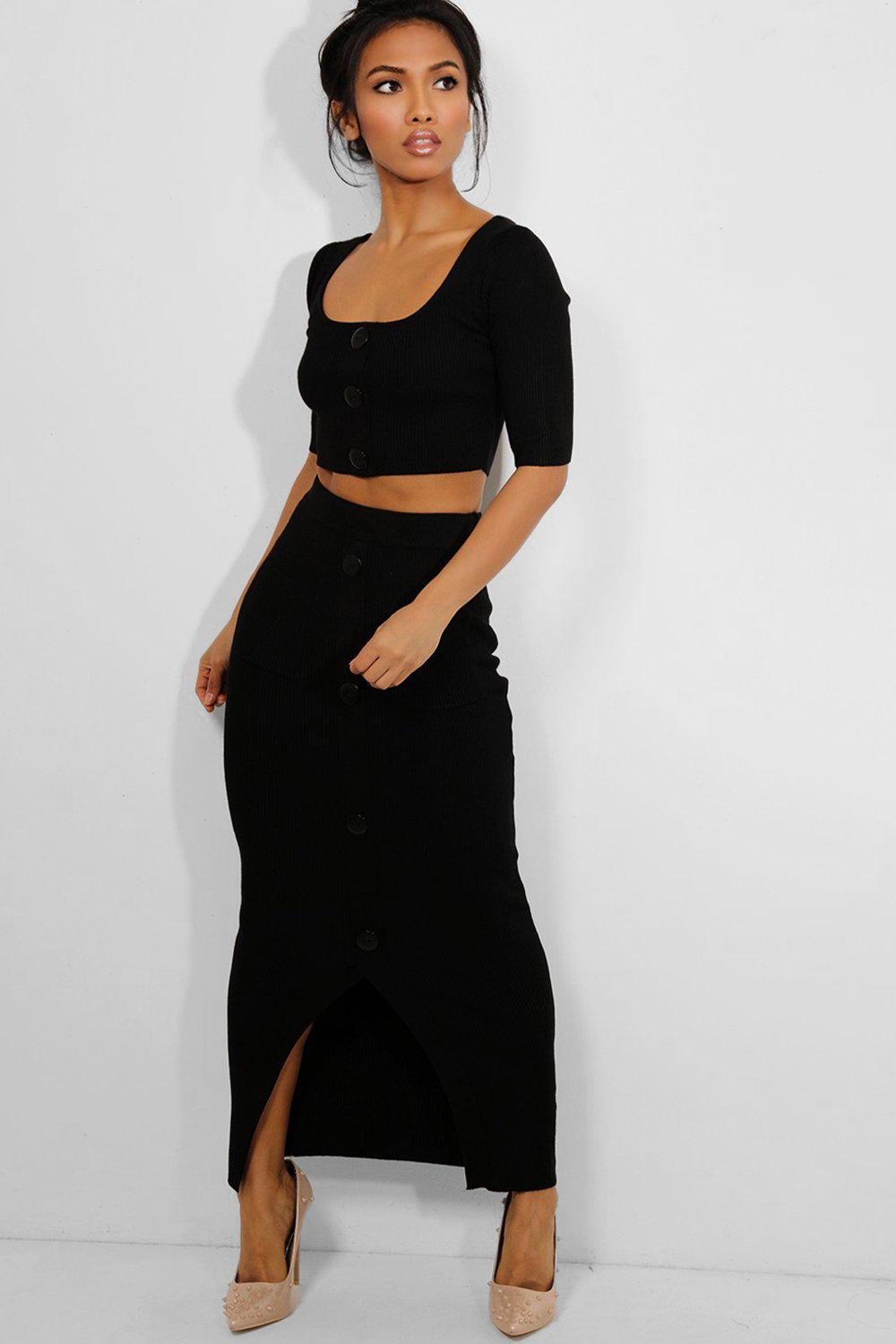 Black Rib Knit Button Details Crop Top And Maxi Skirt Set SinglePrice