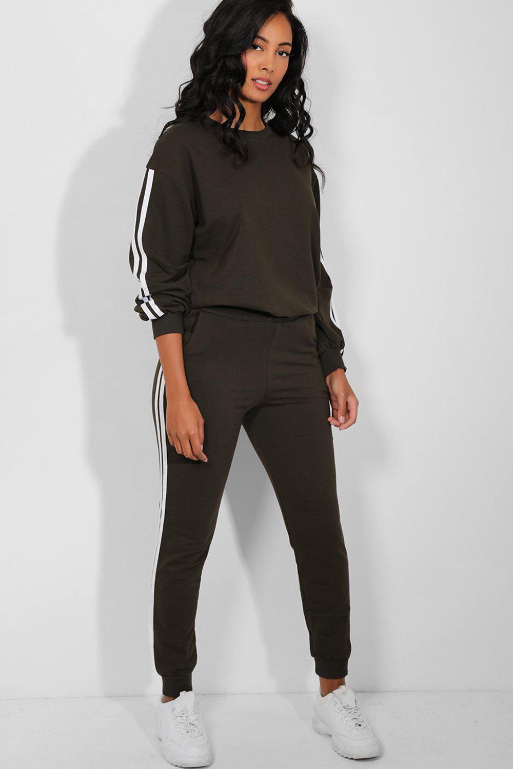 Khaki Classic Twin Stripe Detail Cotton Blend Tracksuit – SinglePrice