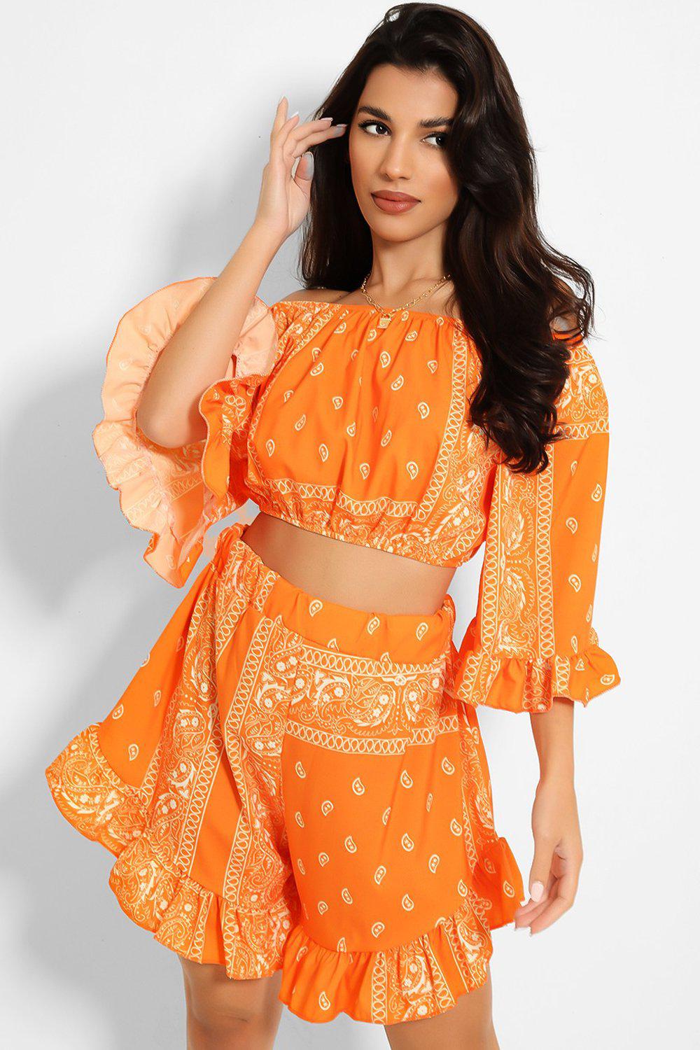 Orange White Paisley Print Summer Set