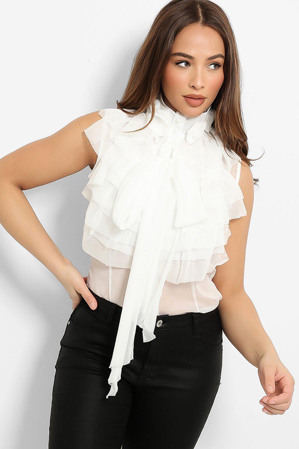 White Sheer Crepe Chiffon Jabot Sleeveless Blouse Singleprice 