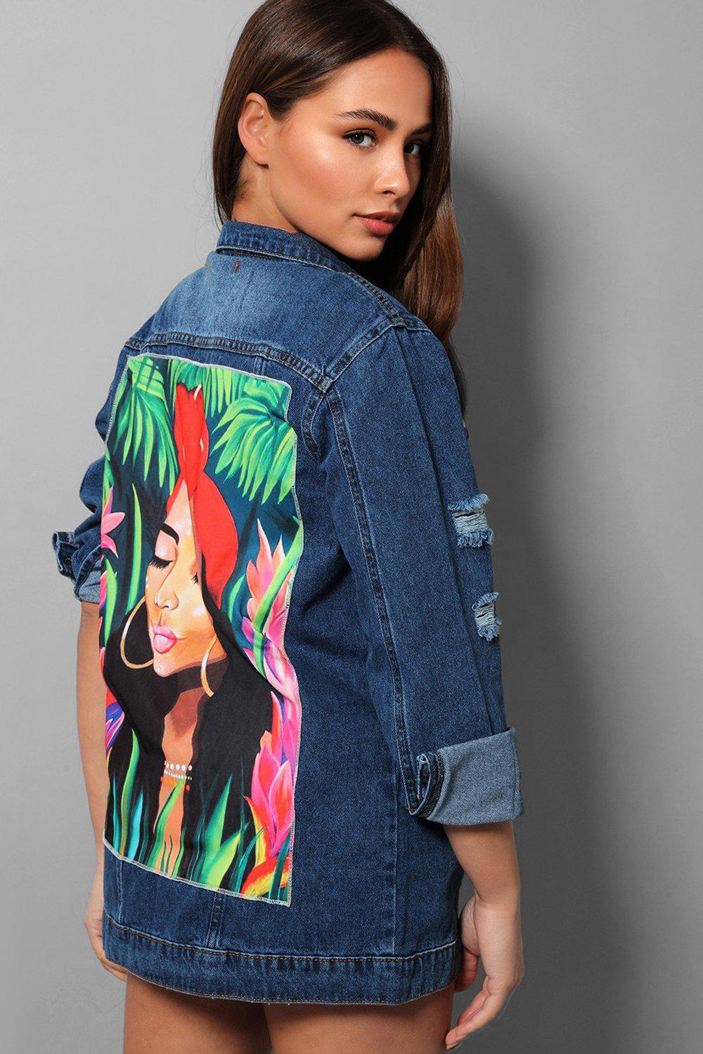 Fashion Print Back Distressed Longline Denim Jacket – SinglePrice