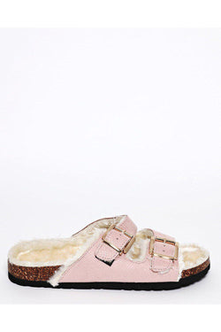 Get Double Buckle Faux Fur Lined Pink 