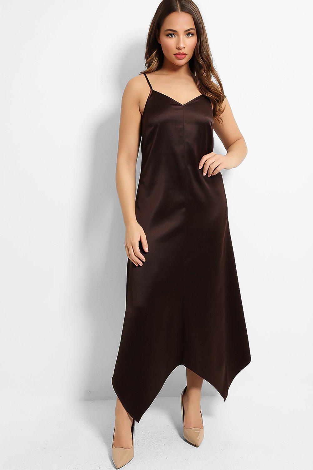 Brown Handkerchief Hem Satin Touch Maxi Dress – SinglePrice