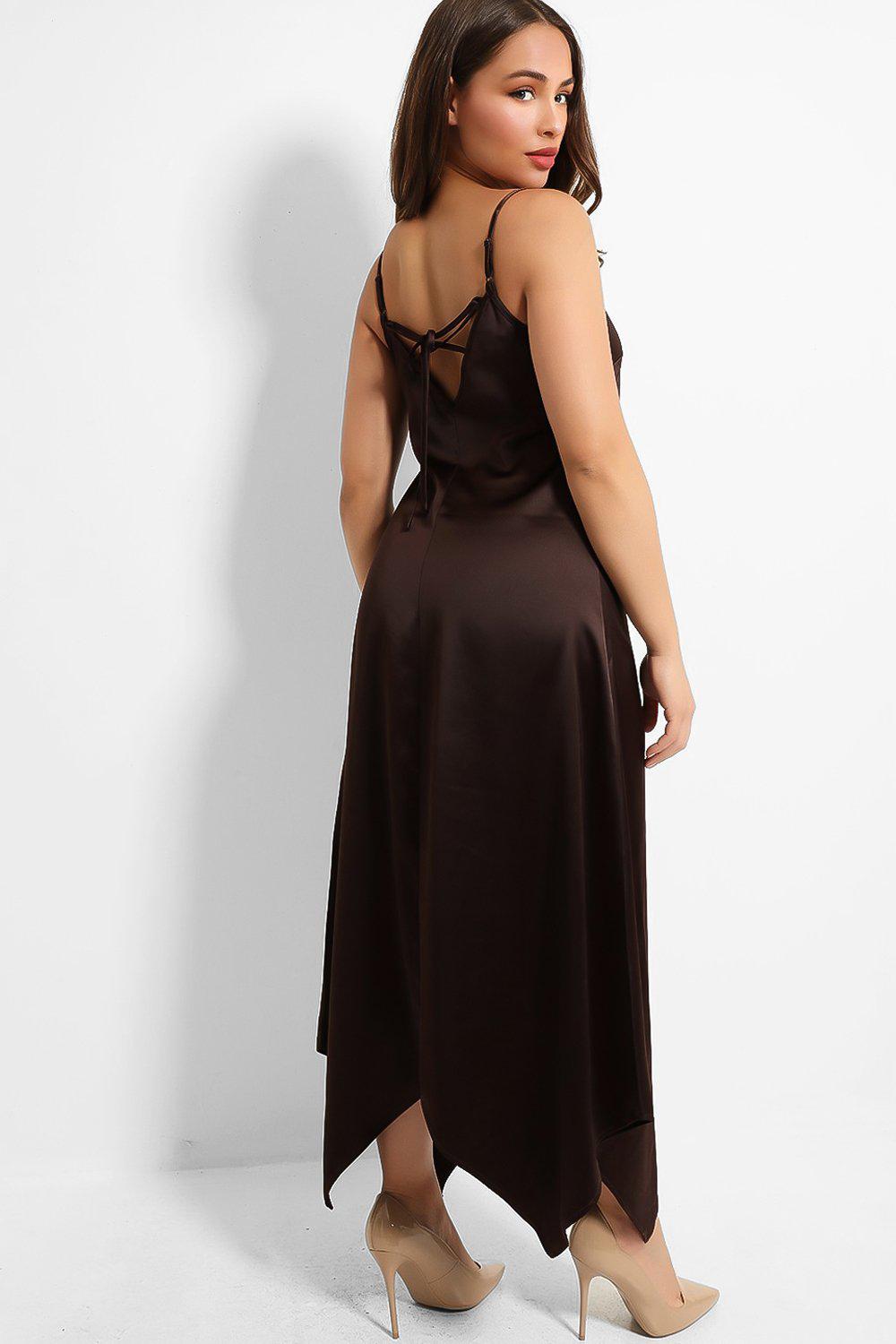 Brown Handkerchief Hem Satin Touch Maxi Dress – SinglePrice