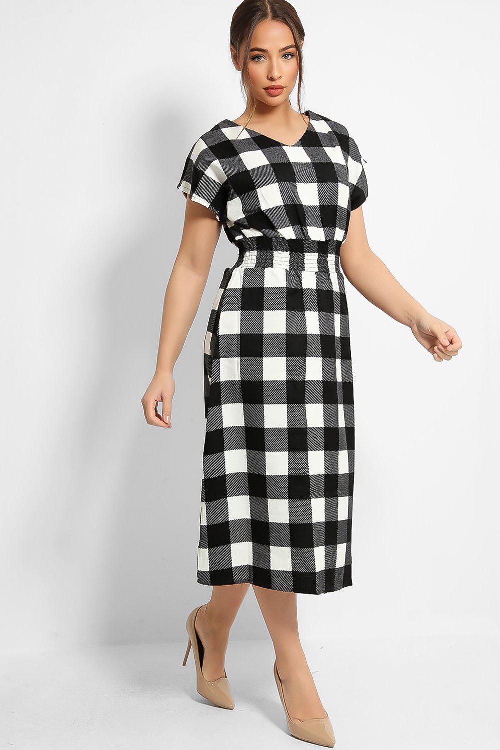 Black White Check Print Shirred Waist Midi Dress – SinglePrice