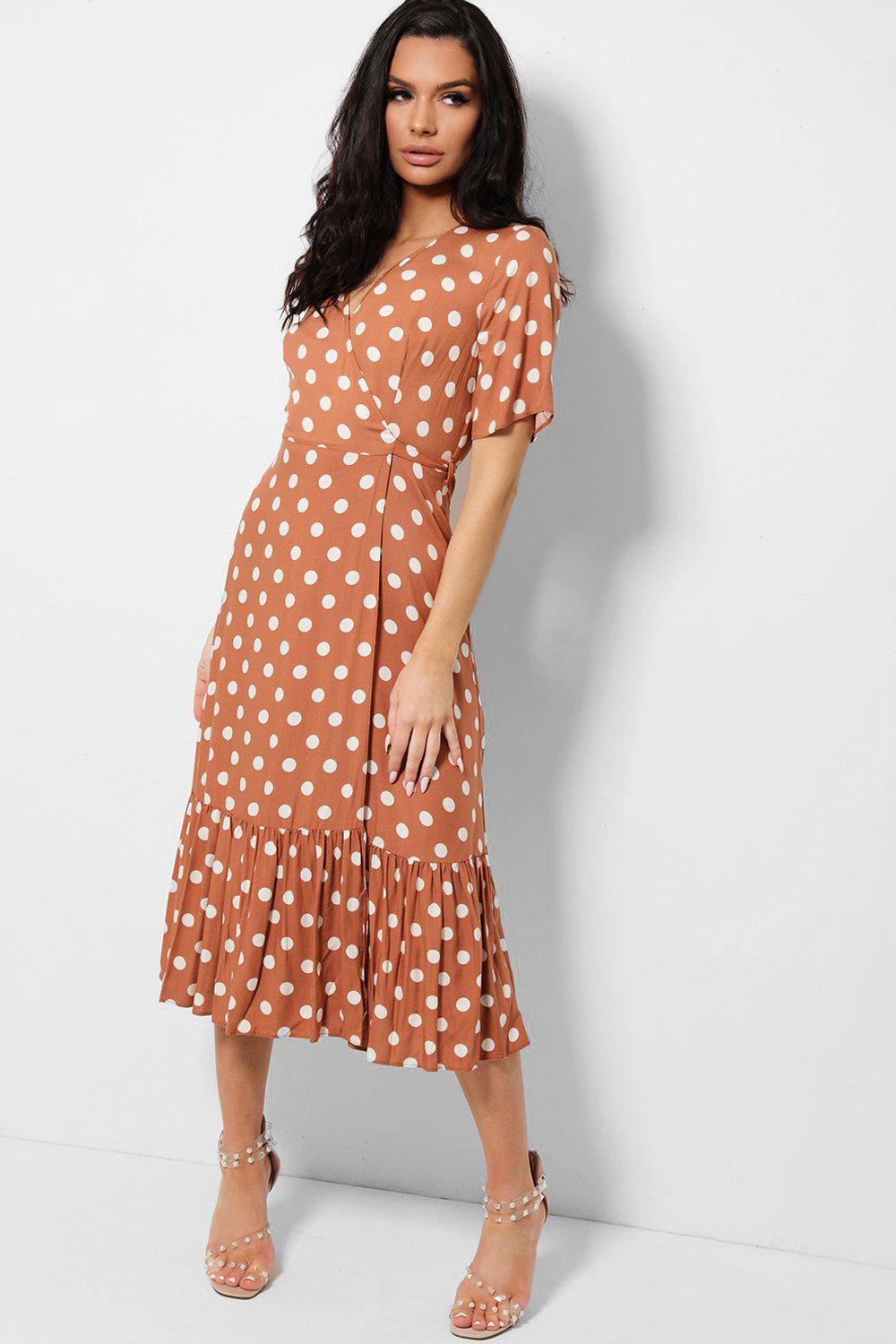 White Polka Dot Brown Ruffle Hem Wrap Maxi Dress – SinglePrice