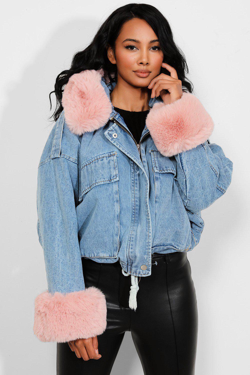 Pink Detachable Faux Fur Blue Hooded Denim Jacket – SinglePrice