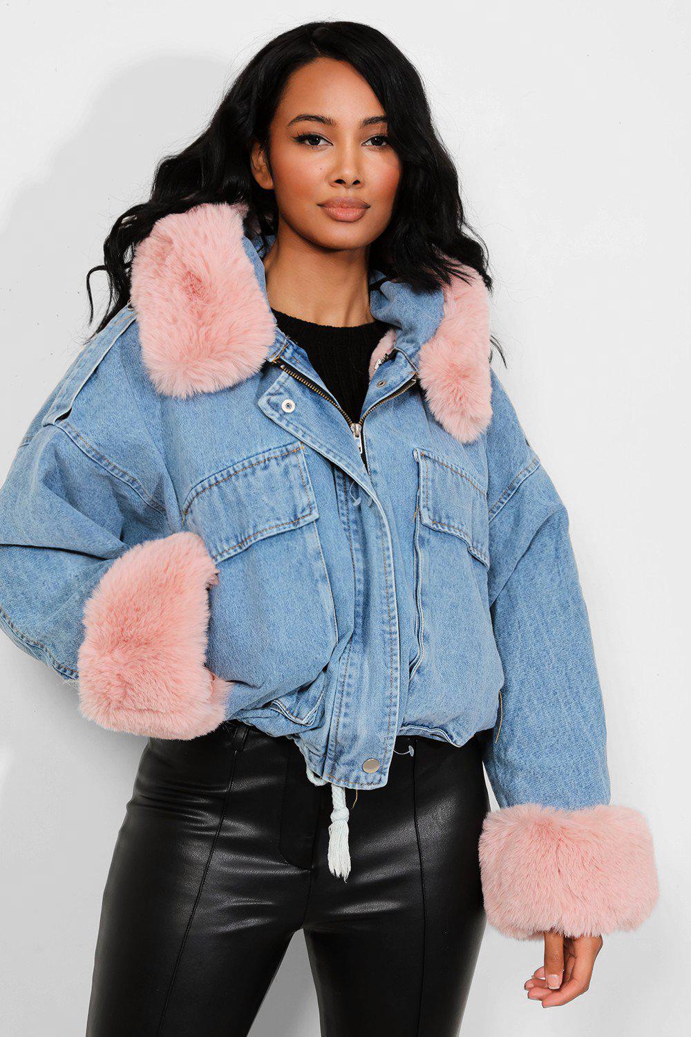 Pink Detachable Faux Fur Blue Hooded Denim Jacket – SinglePrice