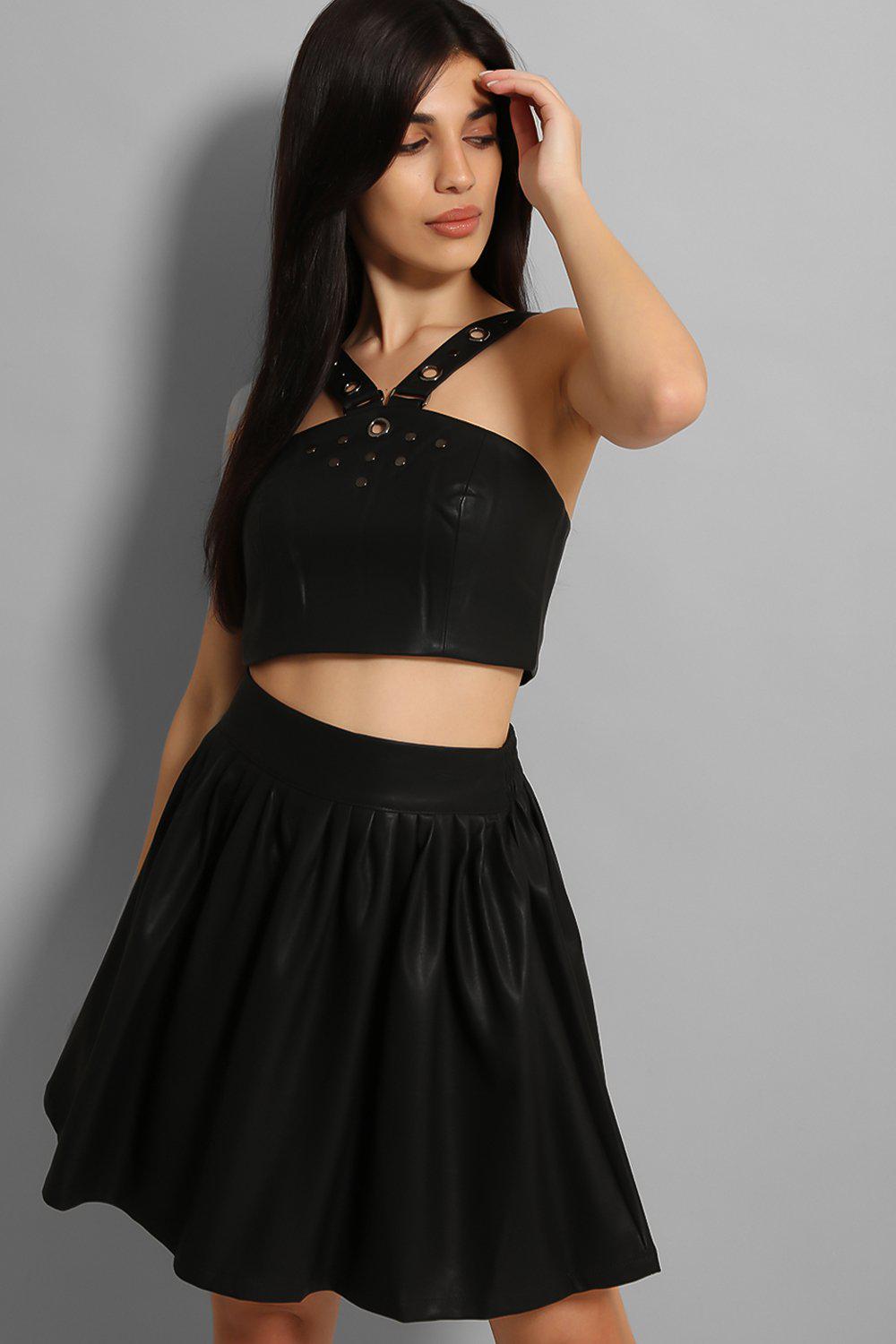 Black Vegan Leather Skater Skirt Singleprice