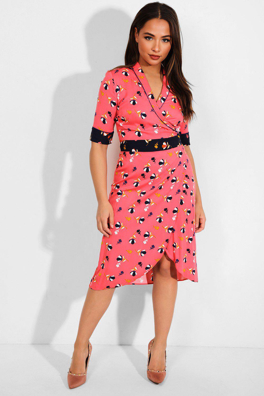 Pink Tulip Floral Print Wrap Midi Dress – SinglePrice