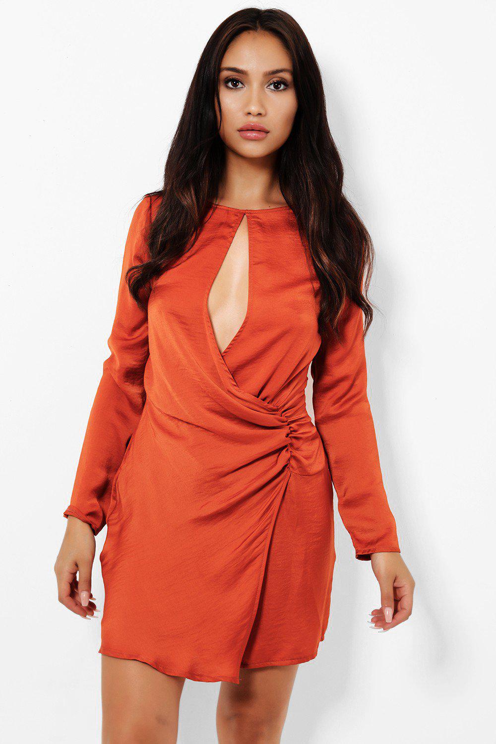 Get Side Drapped Peek-a-Boo Rust Satin Dress for only £5.00 – SinglePrice