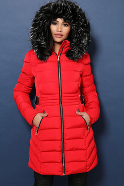 red padded coat