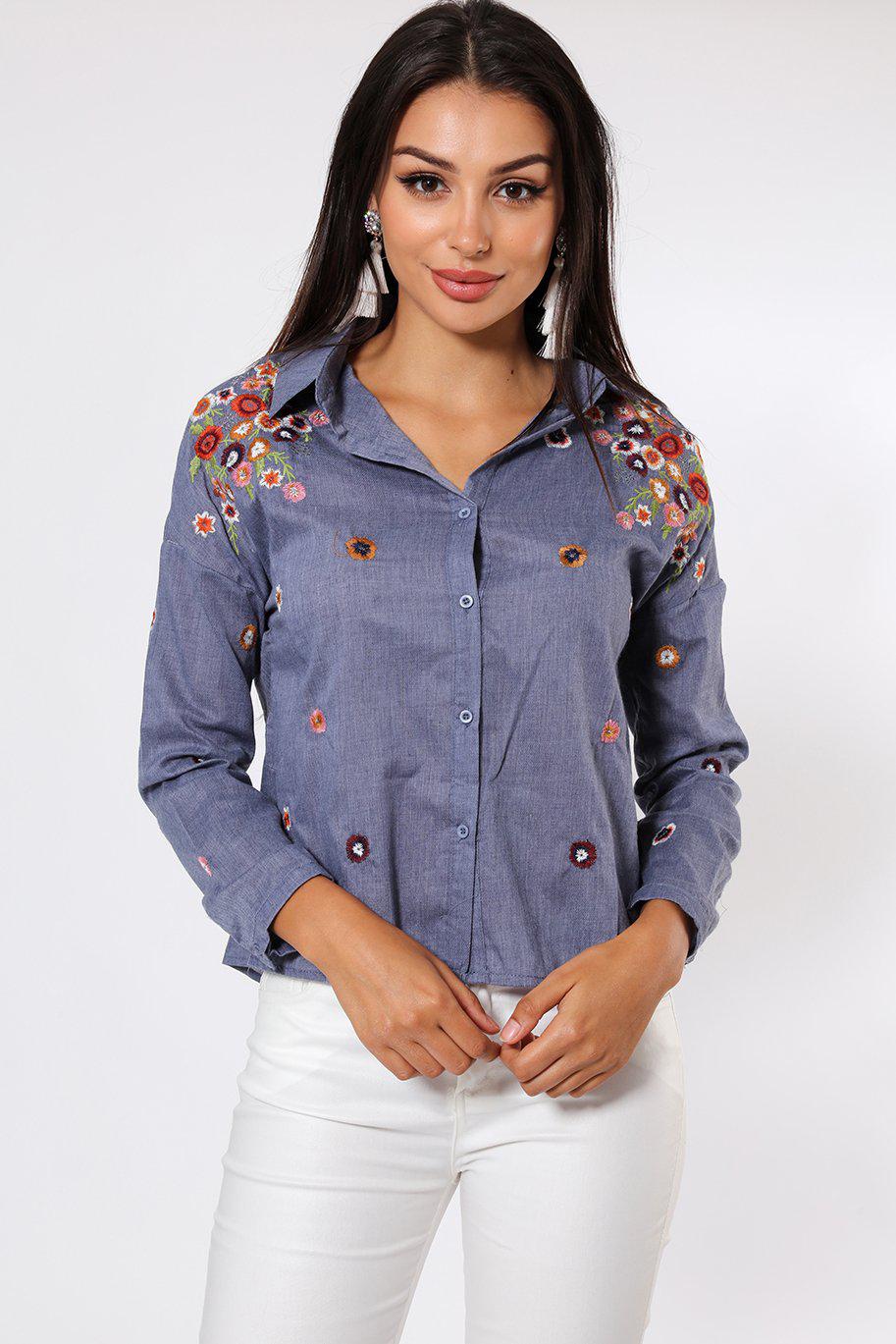 Blue Flower Embroidered Shirt – SinglePrice