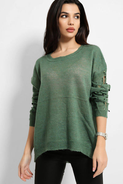 Green Sequins Embellished Distressed Sleeves Flat Knit Pullover â SinglePrice