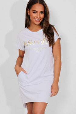 white and gold t shirt dress