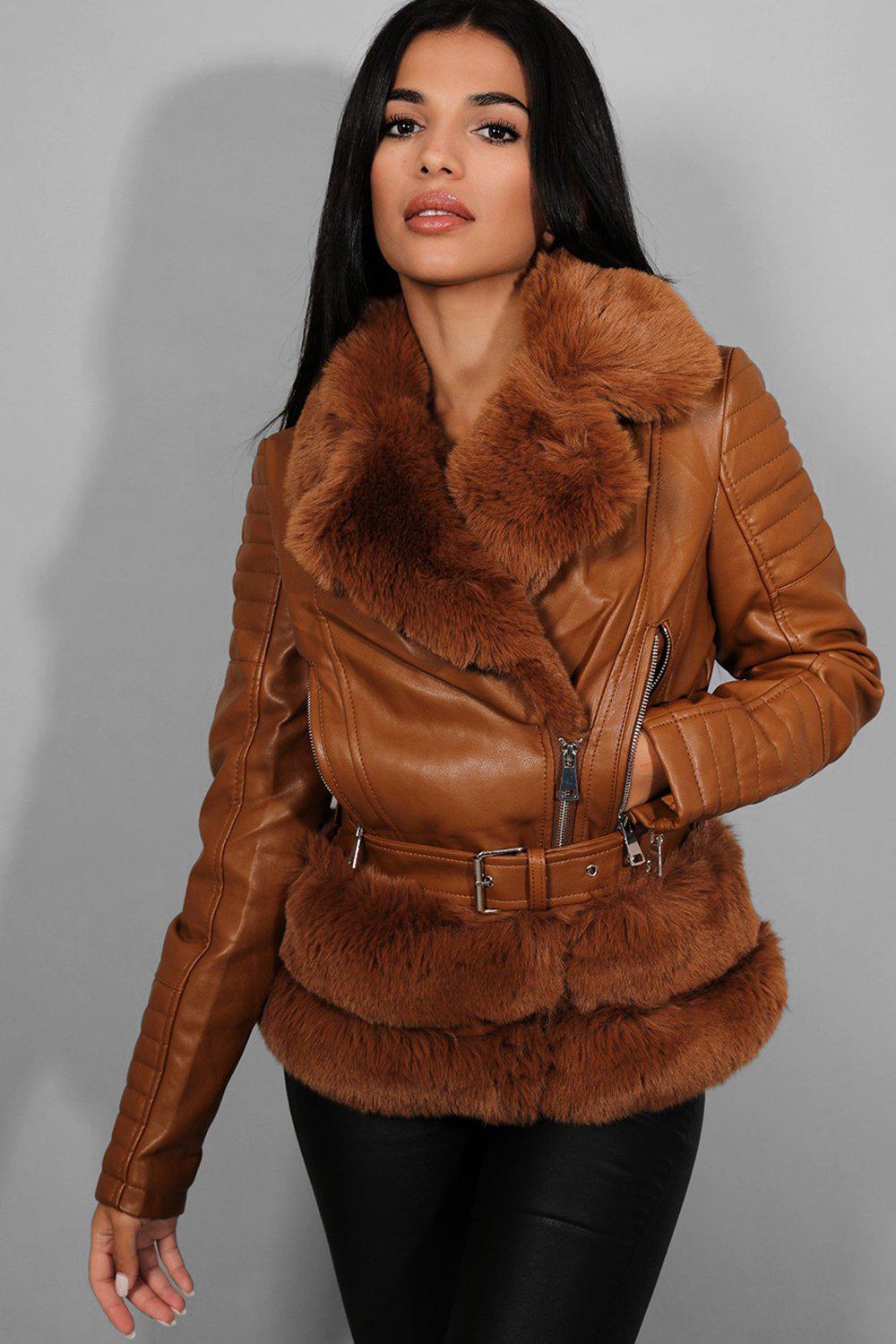 Camel Faux Fur Trims Vegan Leather Aviator Jacket Singleprice