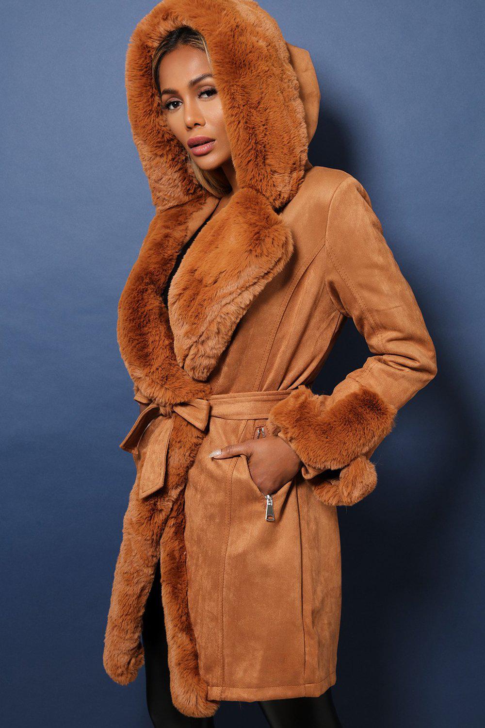 Super Soft Faux Fur Trimmed Vegan Suede Camel Coat Singleprice