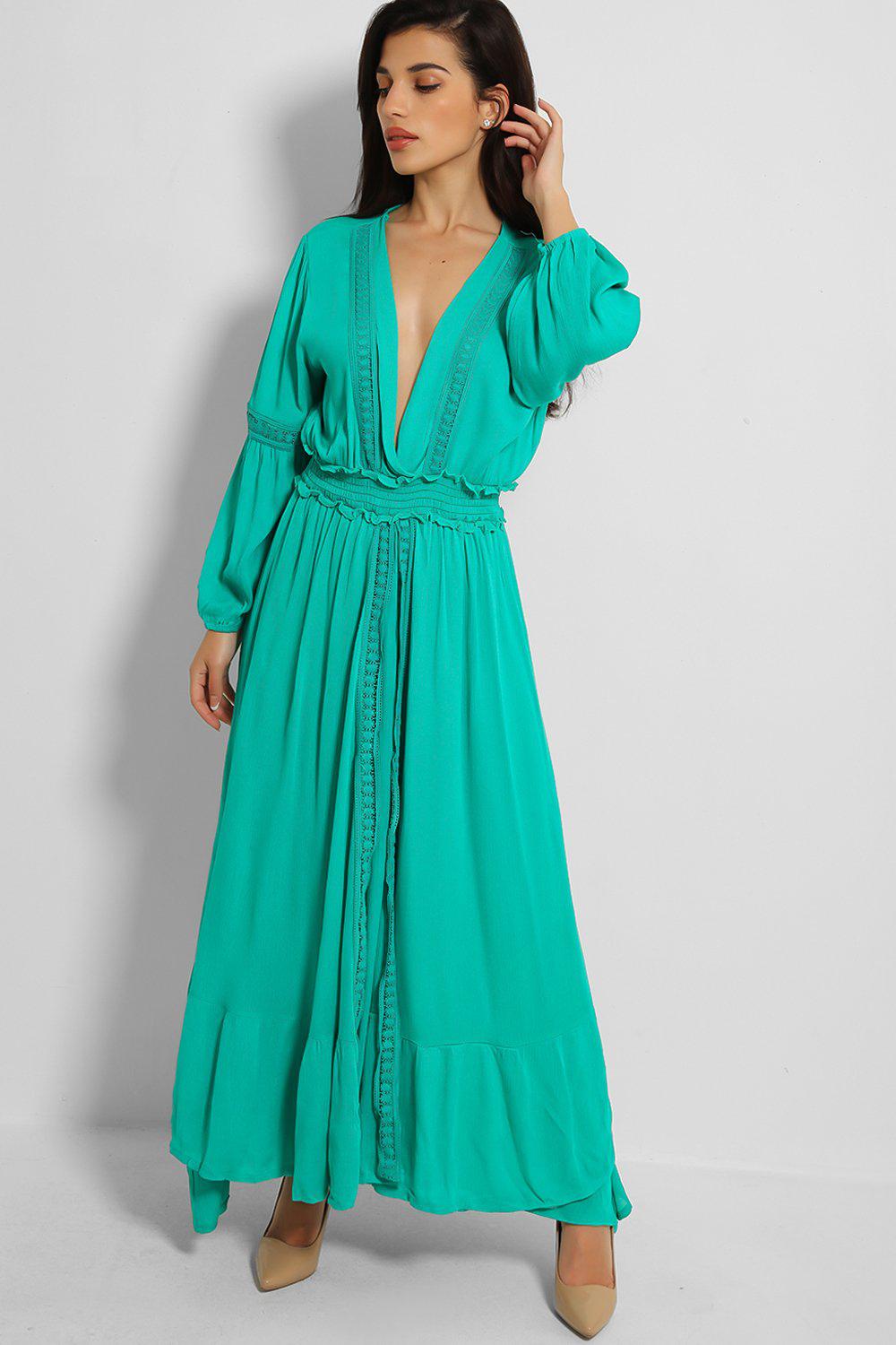 Green Crocheted Panels Deep Plunge Layered Maxi Dress SinglePrice