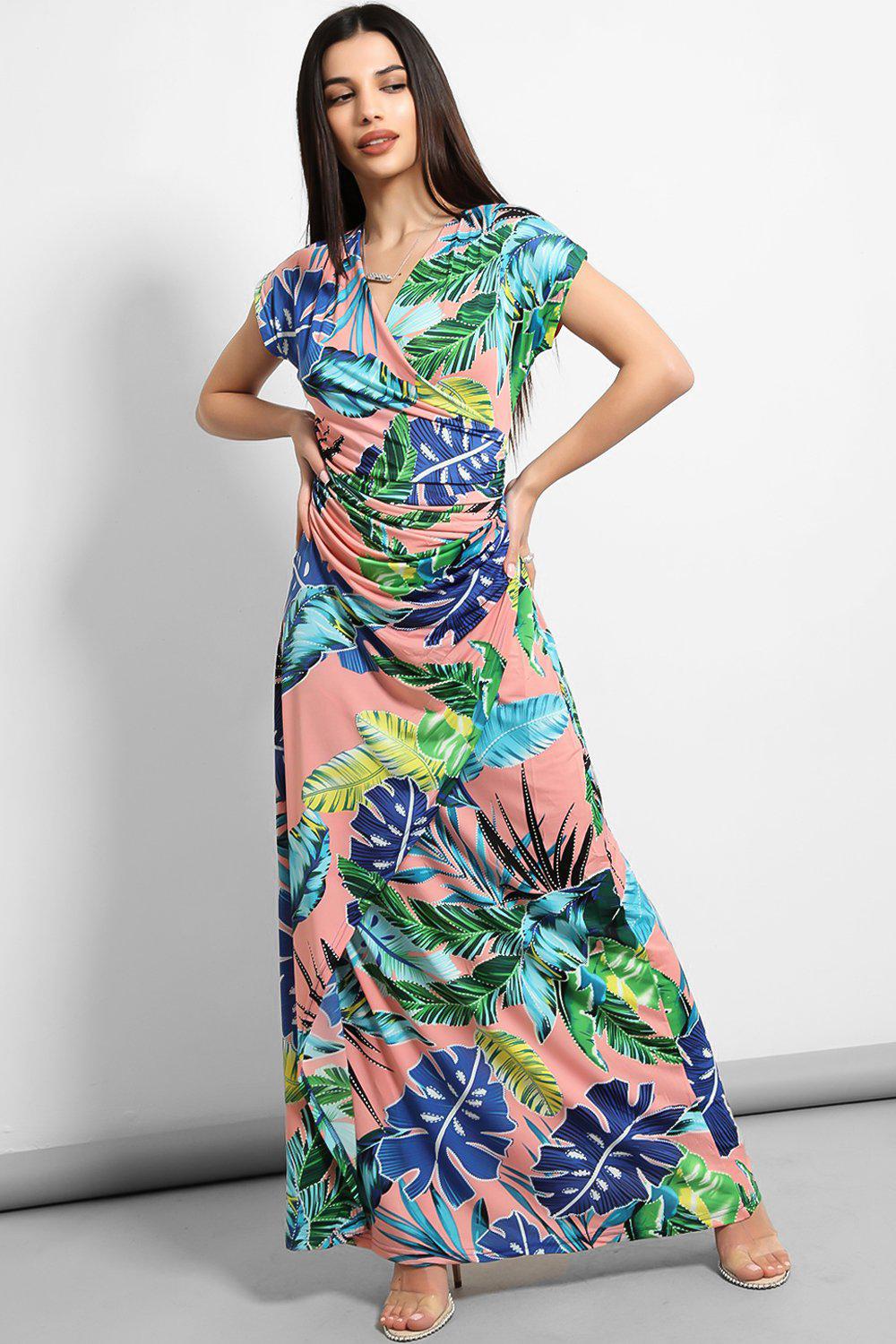 Pink Green Large Tropical Leaves Print Maxi Slinky Dress – SinglePrice