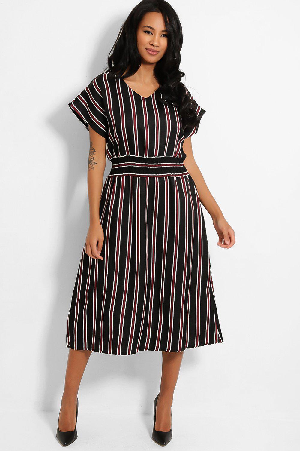 Black Burgundy Stripe Shirred Waist Midi Dress – SinglePrice