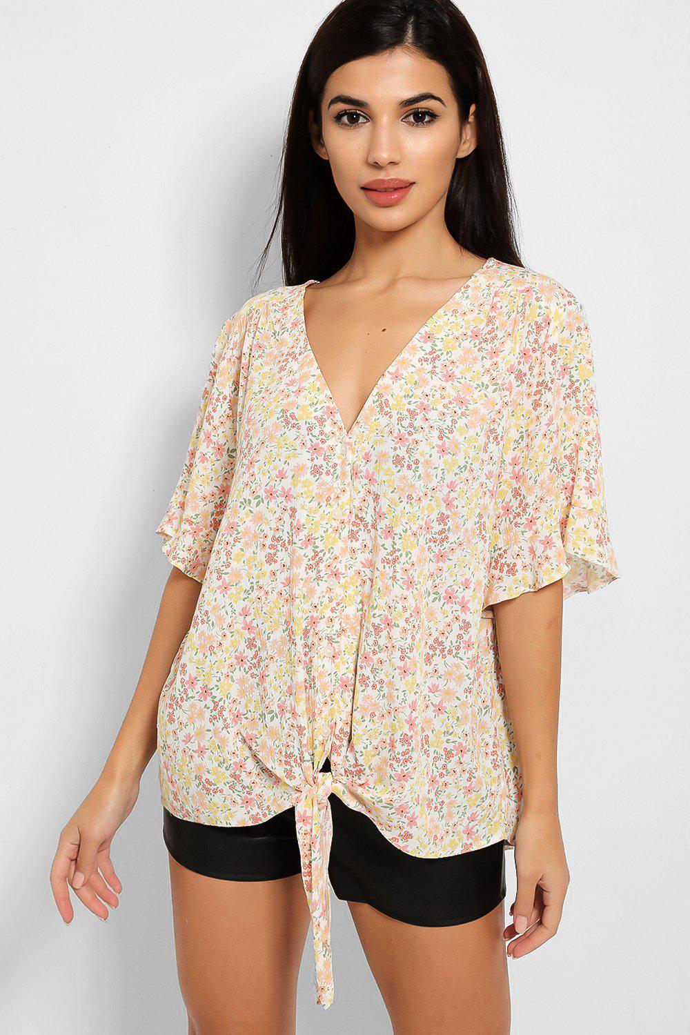 Peach Spring Floral Print V-Neck Front Knot Blouse – SinglePrice