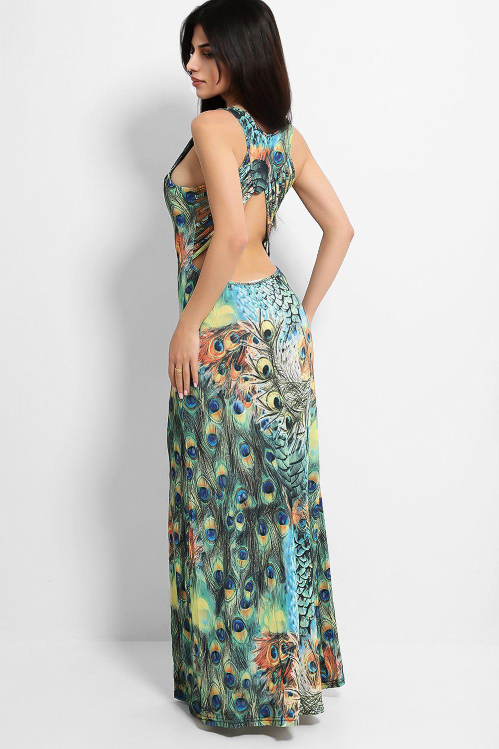 Green Peacock Print Sleeveless Slinky Maxi Dress Singleprice 0723