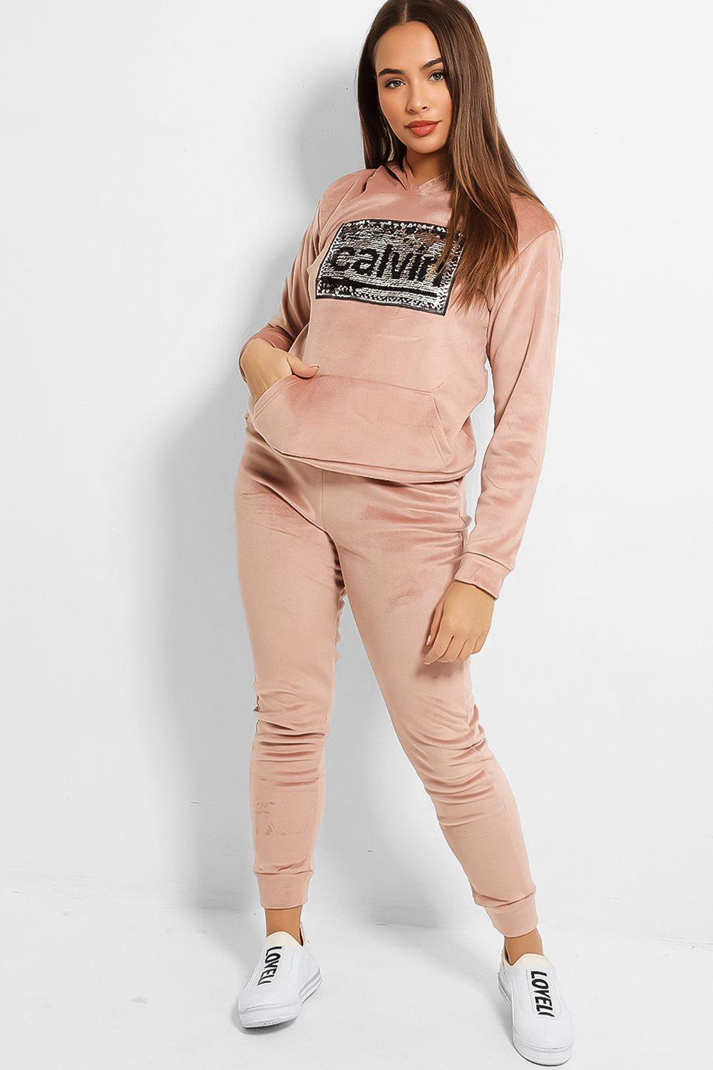 Pink Sequin Slogan Soft Velvet Fleece Lined Tracksuit – SinglePrice