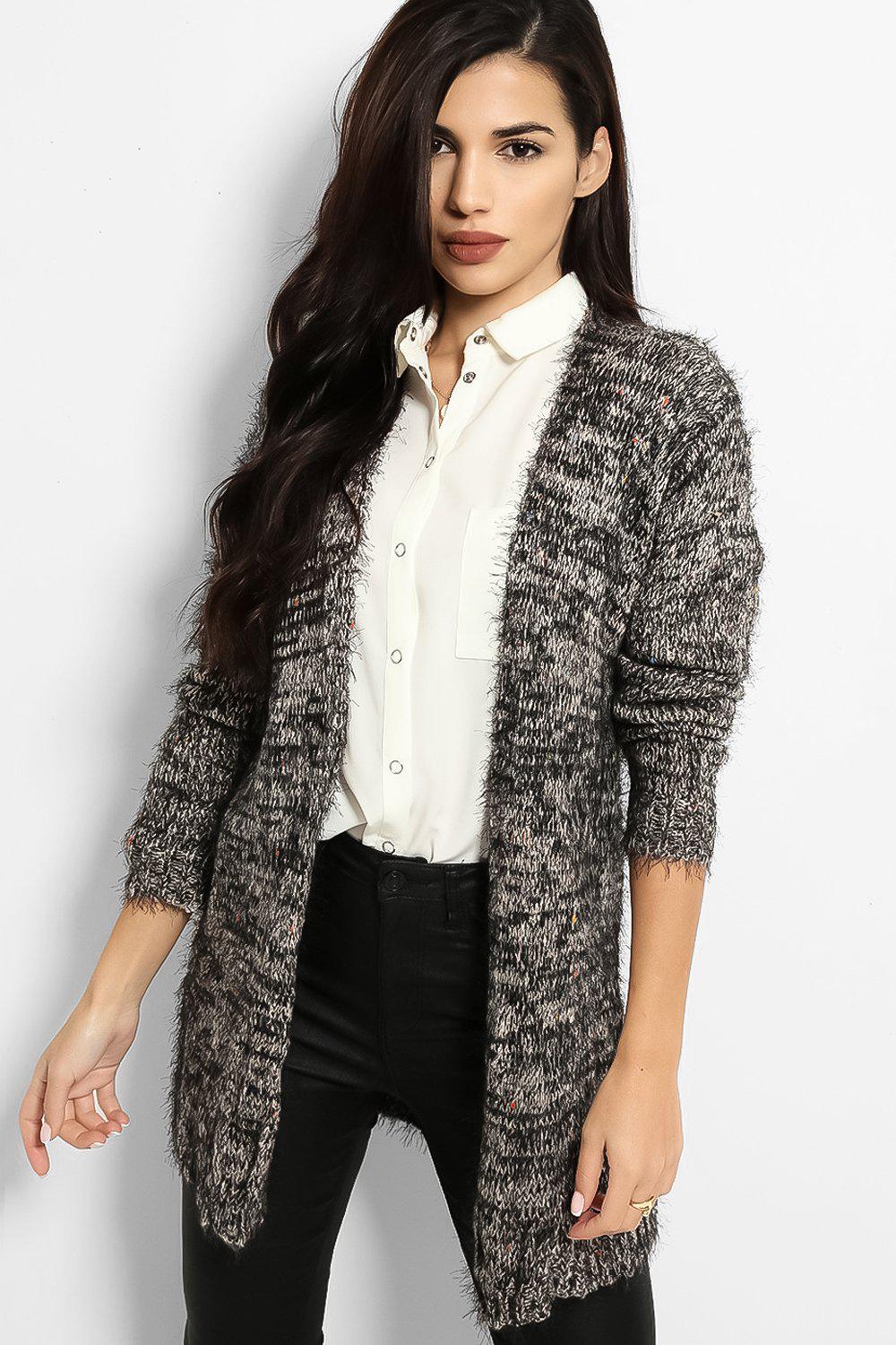 Black Fluffy Boucle Knit Open Front Cardigan SinglePrice