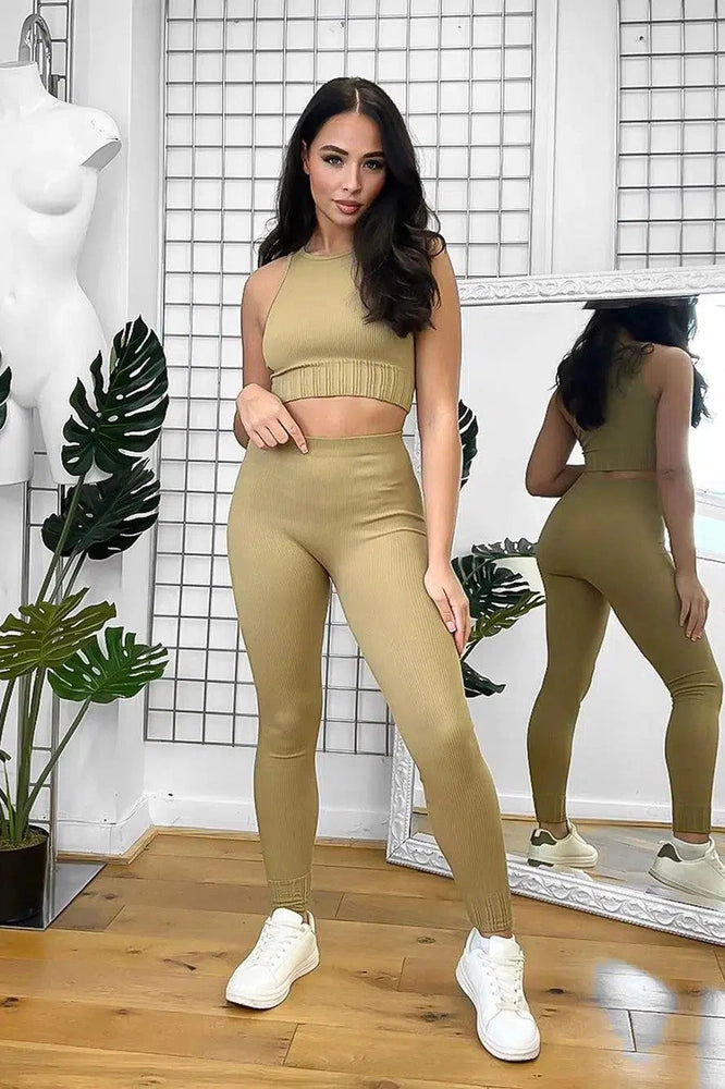 Beige High Waist Push Up Leggings And Crop Top Set